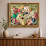 Hans Clar Kunstdruck Junge Leute im Park Impressionismus Leinwandbild mit Rahmen in Gold