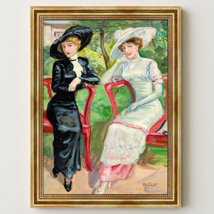 Hans Clar Kunstdruck Zwei Damen im Park Impressionismus Leinwandbild mit Rahmen in Gold
