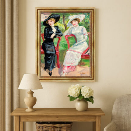 Hans Clar Kunstdruck Zwei Damen im Park Impressionismus Leinwandbild mit Rahmen in Gold