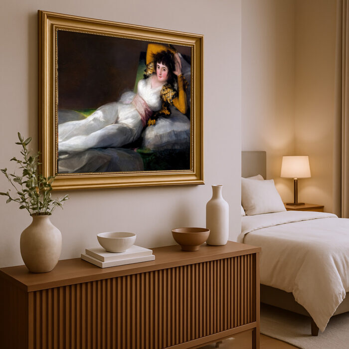 Bekleidete Maya von Francisco de Goya Kunstdruck Leinwandbild mit Rahmen in Gold