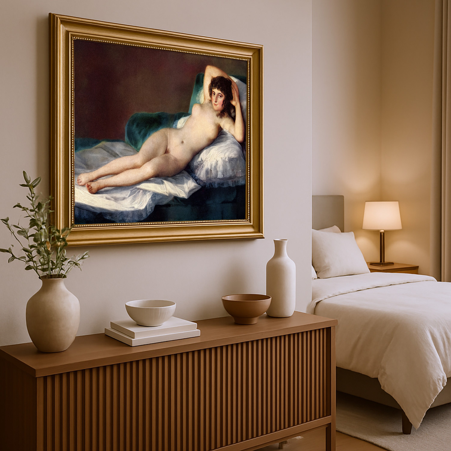 Goya_Die_nackte-Maja_schlafzimmer2 Nackte Maya von Francisco de Goya Kunstdruck Leinwandbild mit Rahmen in Gold