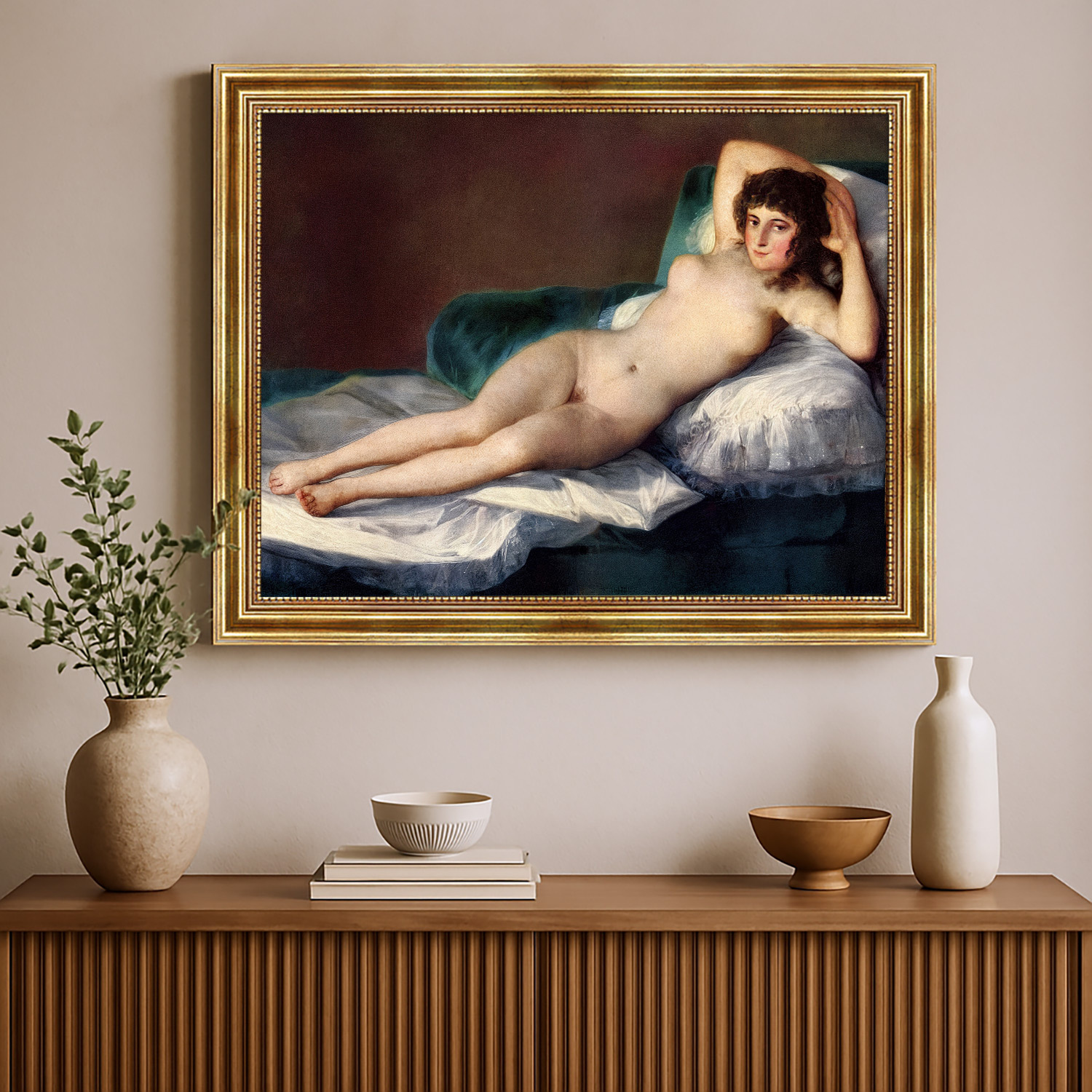 Nackte Maya von Francisco de Goya Kunstdruck Leinwandbild mit Rahmen in Gold