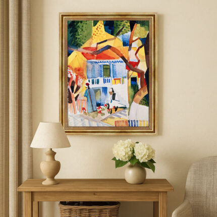 Innenhof des Landhauses in St. Germain August Macke Kunstdruck Leinwandbild mit Rahmen in Gold