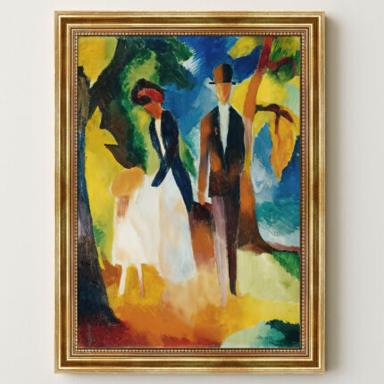 Leute am blauen See von Macke August Macke Kunstdruck Leinwandbild mit Rahmen in Gold