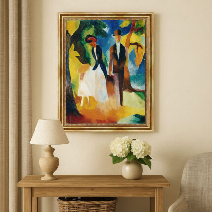 Leute am blauen See von Macke August Macke Kunstdruck Leinwandbild mit Rahmen in Gold