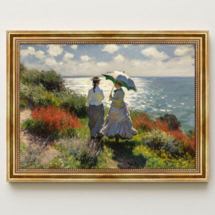 Damen an der Küste Malstil Monet Kunstdruck Leinwandbild mit Rahmen in Gold