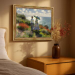 Damen an der Küste Malstil Monet Kunstdruck Leinwandbild mit Rahmen in Gold