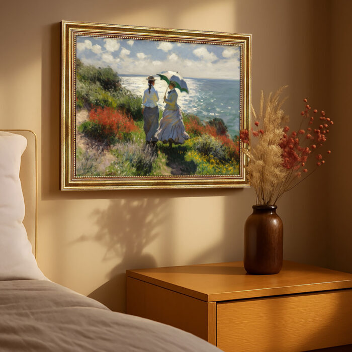 Damen an der Küste Malstil Monet Kunstdruck Leinwandbild mit Rahmen in Gold