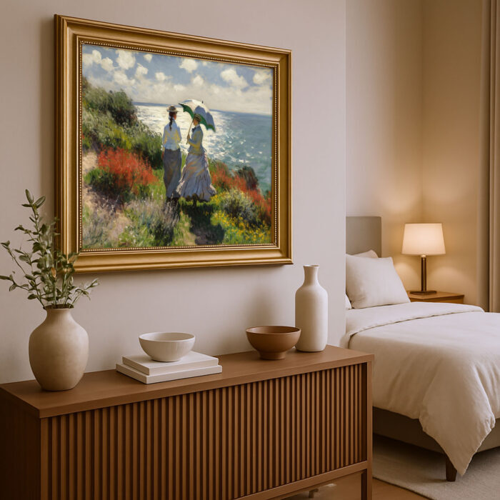 Damen an der Küste Malstil Monet Kunstdruck Leinwandbild mit Rahmen in Gold