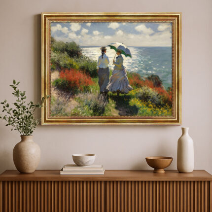 Damen an der Küste Malstil Monet Kunstdruck Leinwandbild mit Rahmen in Gold