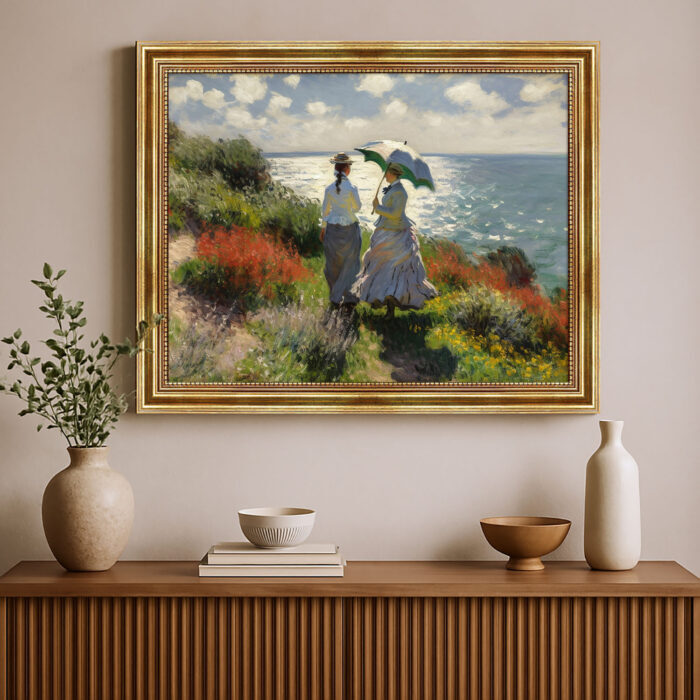 Damen an der Küste Malstil Monet Kunstdruck Leinwandbild mit Rahmen in Gold