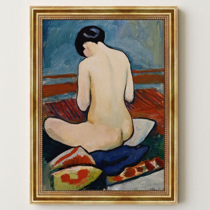 Sitzender Akt mit Kissen von Macke August Macke Kunstdruck Leinwandbild mit Rahmen in Gold