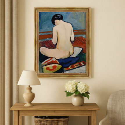 Sitzender Akt mit Kissen von Macke August Macke Kunstdruck Leinwandbild mit Rahmen in Gold