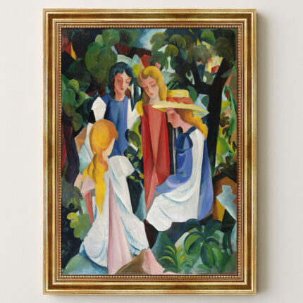 Vier Mädchen von Macke August Macke Kunstdruck Leinwandbild mit Rahmen in Gold