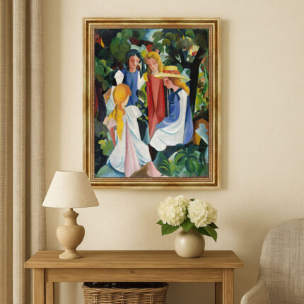 Vier Mädchen von Macke August Macke Kunstdruck Leinwandbild mit Rahmen in Gold