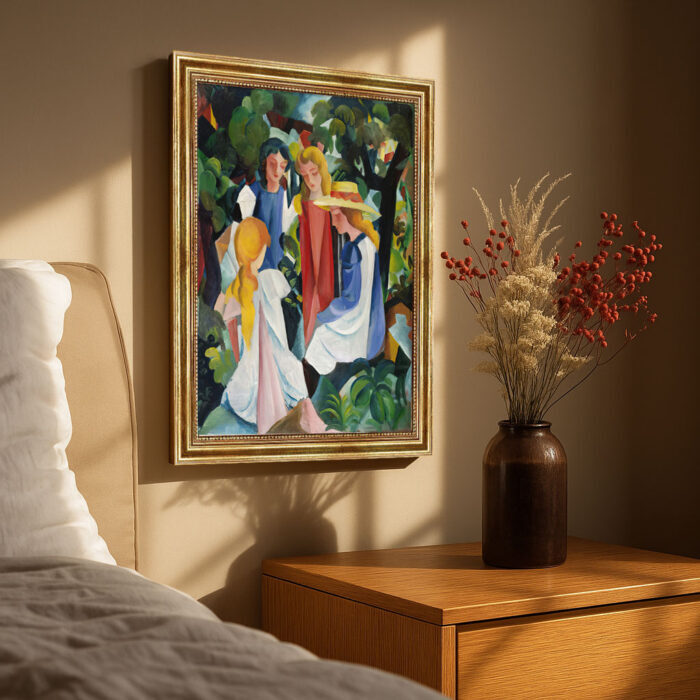 Vier Mädchen von Macke August Macke Kunstdruck Leinwandbild mit Rahmen in Gold