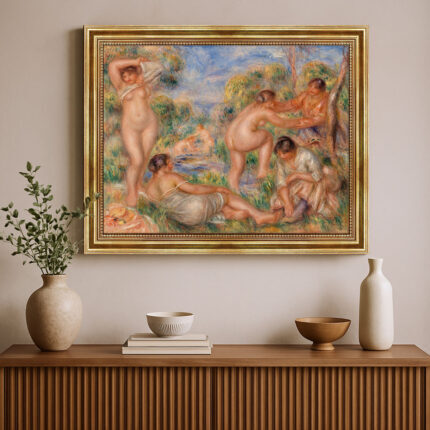 Badegruppe von Pierre-Auguste Renoir Bild mit Rahmen in Gold