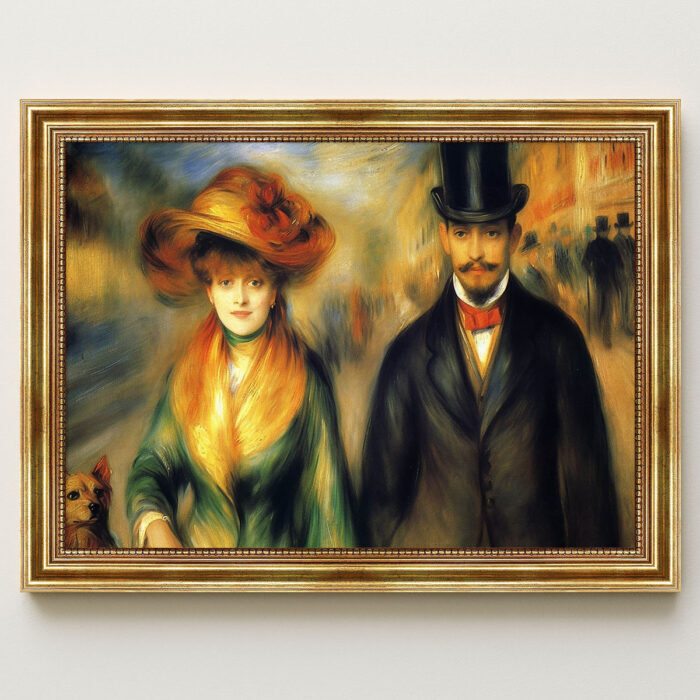 Elegantes Paar mit Hund Malstil von Pierre-Auguste Renoir Bild mit Rahmen in Gold