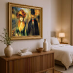 Elegantes Paar mit Hund im Malstil von Pierre-Auguste Renoir Bild mit Rahmen in Gold