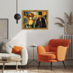 Elegantes Paar mit Hund im Malstil von Pierre-Auguste Renoir Bild mit Rahmen in Gold