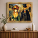 Elegantes Paar mit Hund im Malstil von Pierre-Auguste Renoir Bild mit Rahmen in Gold