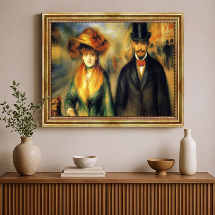 Elegantes Paar mit Hund im Malstil von Pierre-Auguste Renoir Bild mit Rahmen in Gold