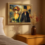 Elegantes Paar mit Hund im Malstil von Pierre-Auguste Renoir Bild mit Rahmen in Gold