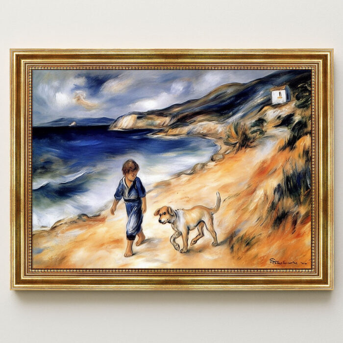 Junge mit Hund am Strand im Malstil von Renoir Bild mit Rahmen in Gold