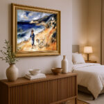 Junge mit Hund am Strand im Malstil von Renoir Bild mit Rahmen in Gold