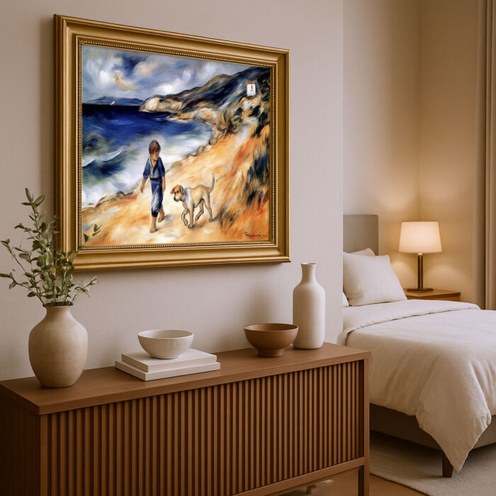 Junge mit Hund am Strand im Malstil von Renoir Bild mit Rahmen in Gold
