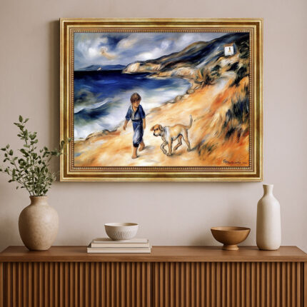 Junge mit Hund am Strand im Malstil von Renoir Bild mit Rahmen in Gold