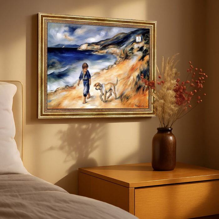 Junge mit Hund am Strand im Malstil von Renoir Bild mit Rahmen in Gold