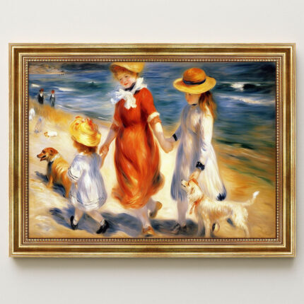 Kinder mit Hund am Strand im Malstil von Renoir Bild mit Rahmen in Gold