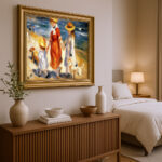 Kinder mit Hund am Strand im Malstil von Renoir Bild mit Rahmen in Gold