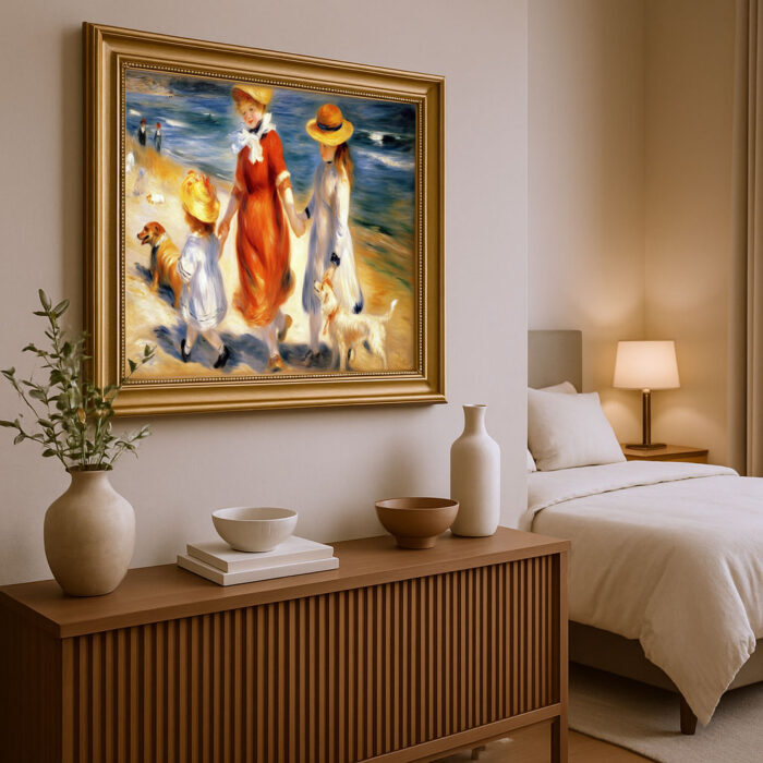 Kinder mit Hund am Strand im Malstil von Renoir Bild mit Rahmen in Gold