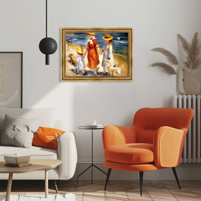 Kinder mit Hund am Strand im Malstil von Renoir Bild mit Rahmen in Gold