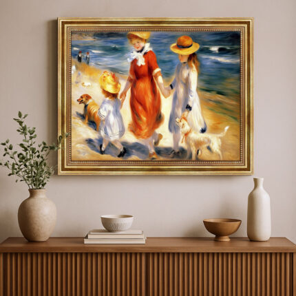 Kinder mit Hund am Strand im Malstil von Renoir Bild mit Rahmen in Gold