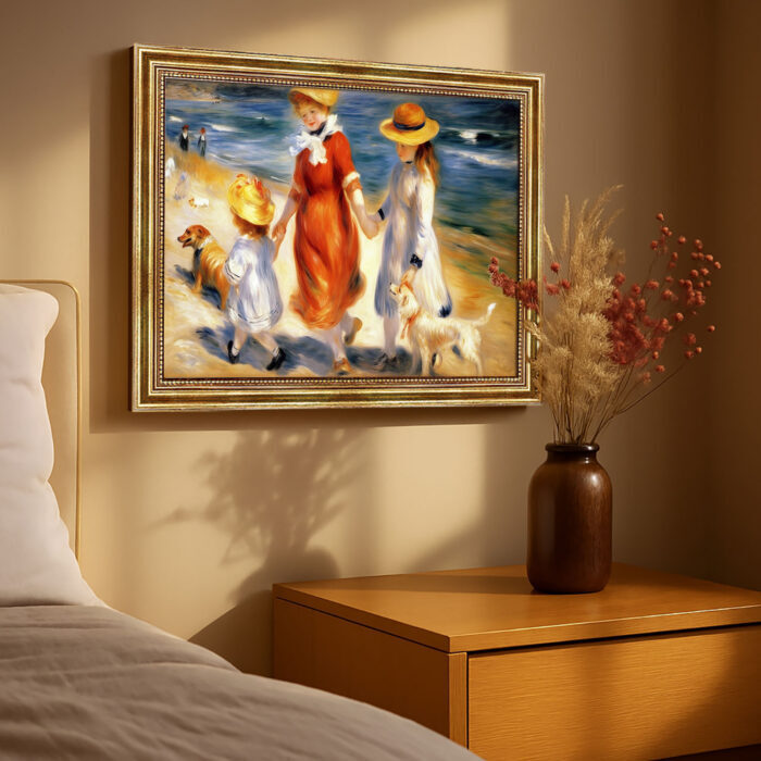 Kinder mit Hund am Strand im Malstil von Renoir Bild mit Rahmen in Gold
