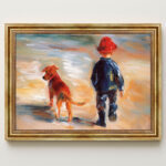 Kinder mit Hund am Strand im Malstil von Renoir Bild mit Rahmen in Gold