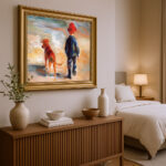 Kinder mit Hund am Strand im Malstil von Renoir Bild mit Rahmen in Gold