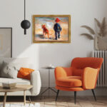 Kinder mit Hund am Strand im Malstil von Renoir Bild mit Rahmen in Gold