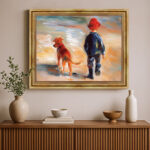 Kinder mit Hund am Strand im Malstil von Renoir Bild mit Rahmen in Gold