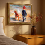 Kinder mit Hund am Strand im Malstil von Renoir Bild mit Rahmen in Gold