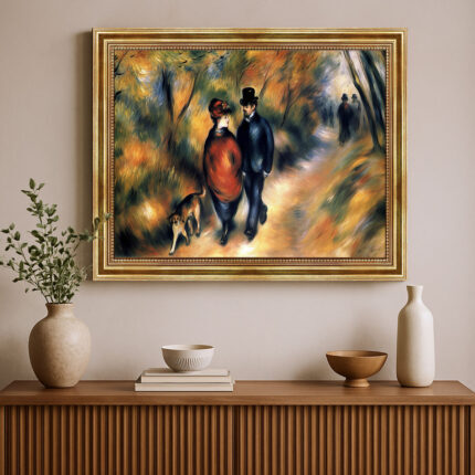 Spaziergang mit Hund im Malstil von Renoir Bild mit Rahmen in Gold