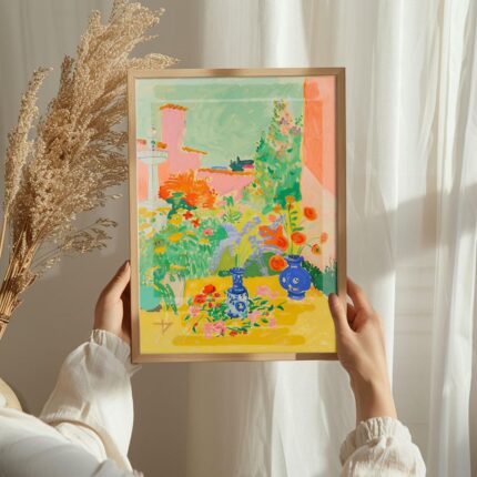 Serene Courtyard California Art Poster – Midcentury Modern Travel Wall Art – Painting as Print – Unique Design