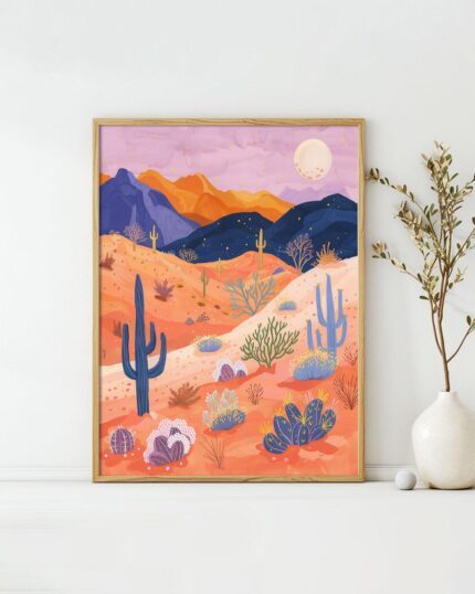 Desert Landscape at Sunset Art Poster – Midcentury Modern Travel Wall Art – Painting as Print – Unique Design