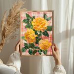 Golden Roses Art Poster – Midcentury Modern Travel Wall Art – Painting as Print – Unique Design