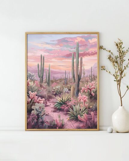 Desert Blossom Sunset Art Poster – Midcentury Modern Travel Wall Art – Painting as Print – Unique Design