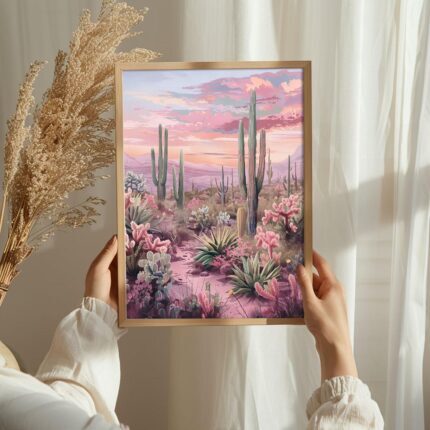 Desert Blossom Sunset Art Poster – Midcentury Modern Travel Wall Art – Painting as Print – Unique Design
