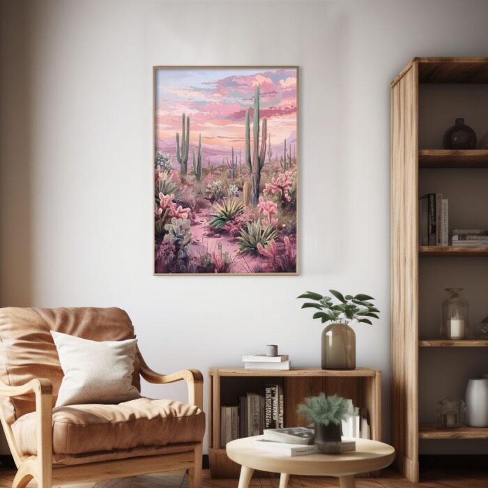 Desert Blossom Sunset Art Poster – Midcentury Modern Travel Wall Art – Painting as Print – Unique Design